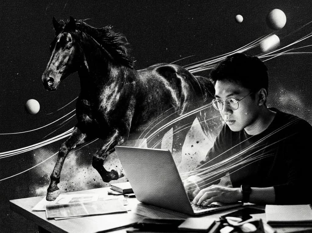 Developer at a laptop with a galloping horse symbolizing persistent AI coding agent behavior — GLM 5.2 system prompt